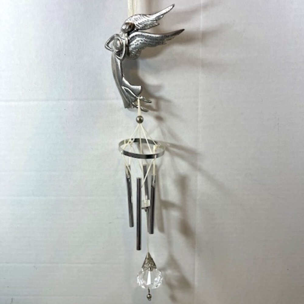 VTG Pewter PEACE Angel Figure Holding The World in Her Hands Hanging Wind Chimes